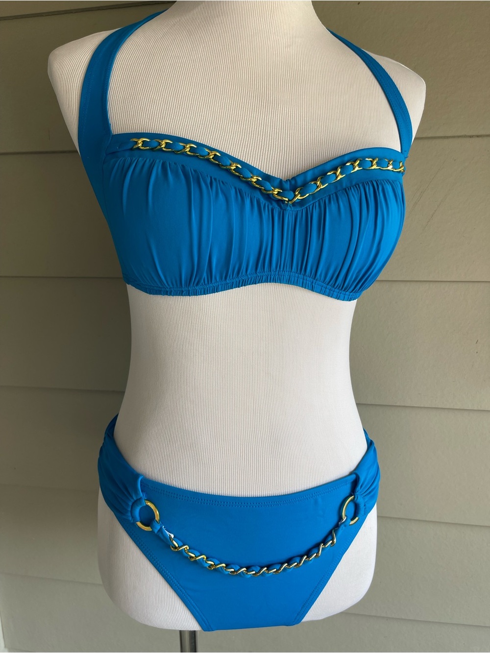Bright Blue Chain-Trim Halter Bikini Set